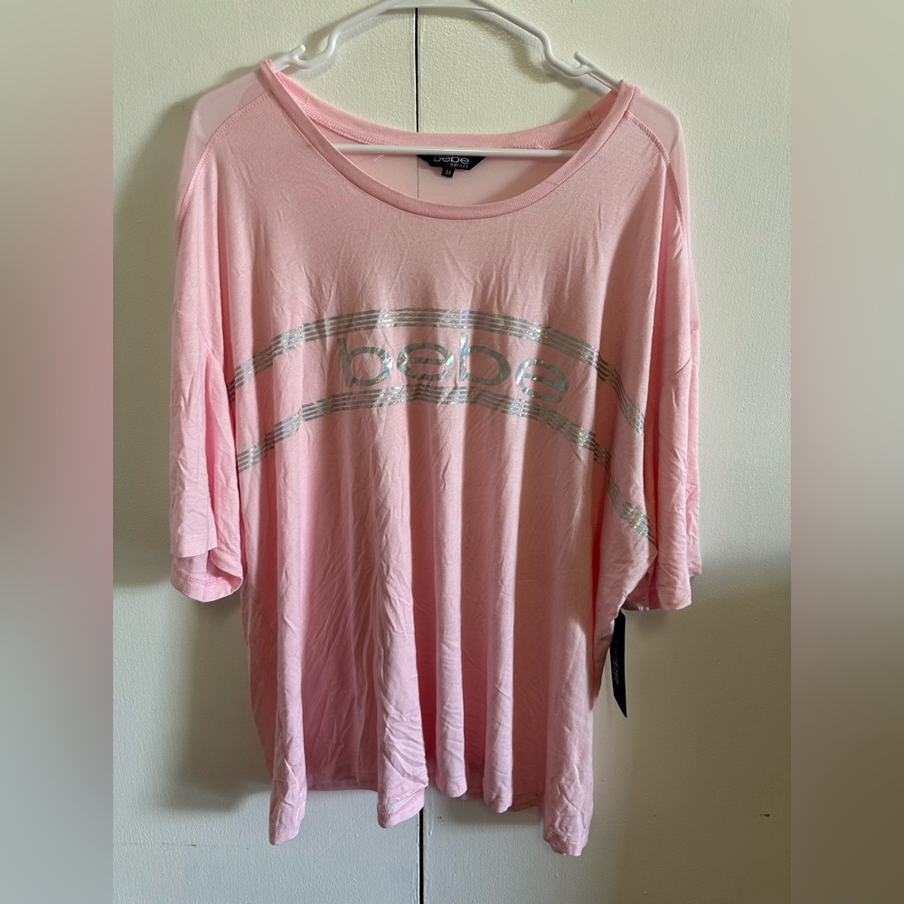 Bebe Pink Graphic Tee – Iridescent Foil Stripe – Y2K Jersey Style Size 3X NWT